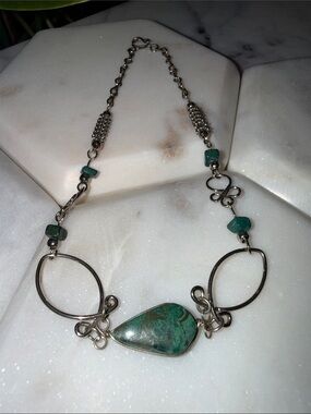 Handcrafted Silver Anklet with Green Turquoise Pendant